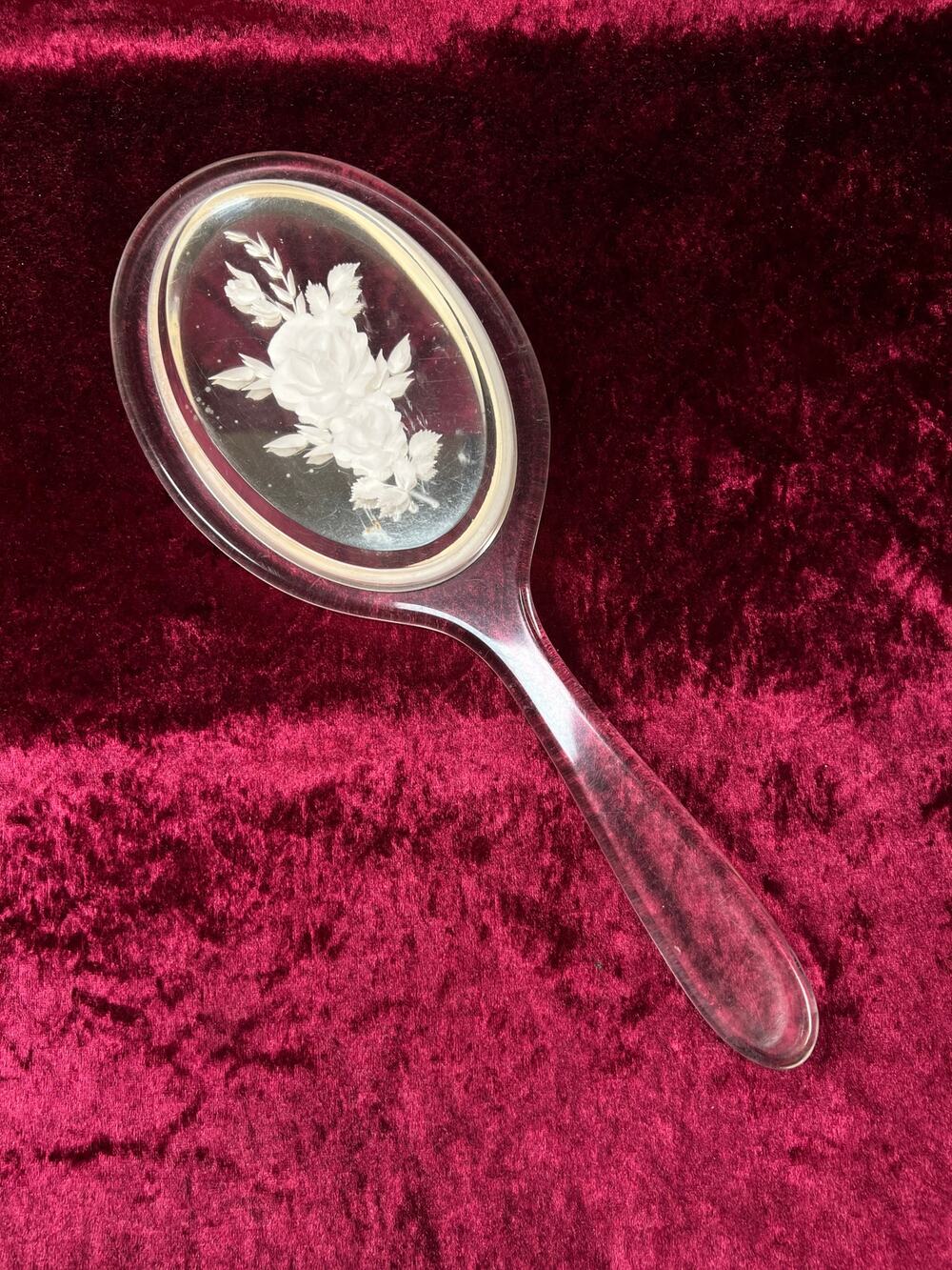 Vintage 1950s Lucite Hand Mirror - Reverse Carved Rose Bouquet Vanity Mirror